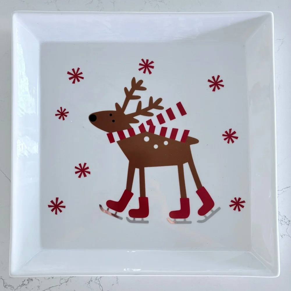 Crate & Barrel Skating Reindeer 12” Square Serving Platter Christmas Holiday NWT